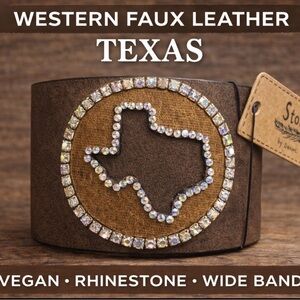 Western Faux Leather Cuff Bracelet Texas Rhinestone Wide Vegan Brown